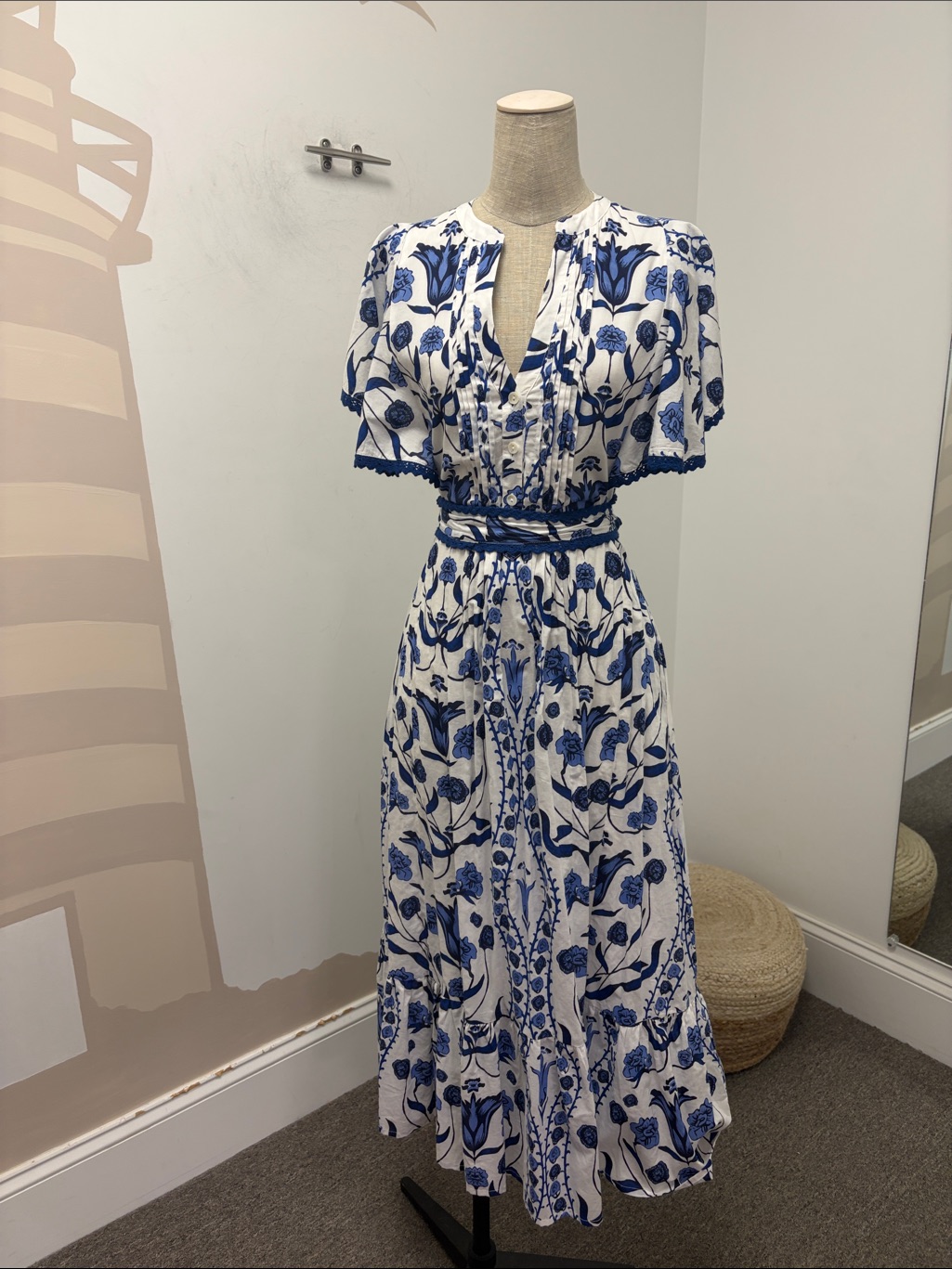 Nwt Blue Floral Midi Dress - Tie At Waist